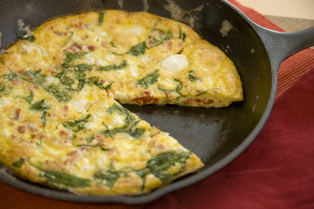 Shrimp, Spinach, Tomato and Goat Cheese Frittata
