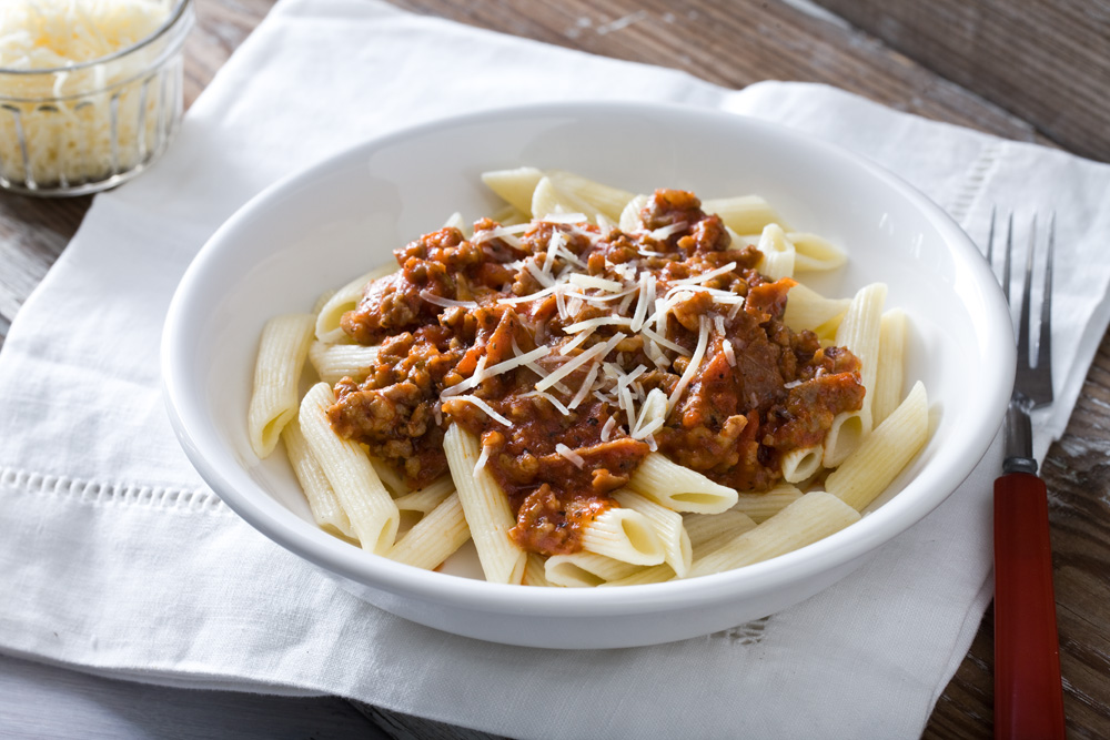 Pasta with Red Sauce, Mushrooms and Sausage