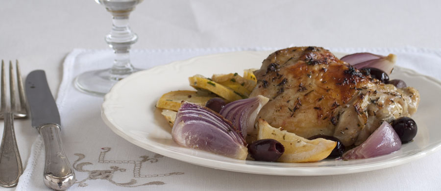 Roasted Chicken Thighs with Lemon, Olives and Herbs